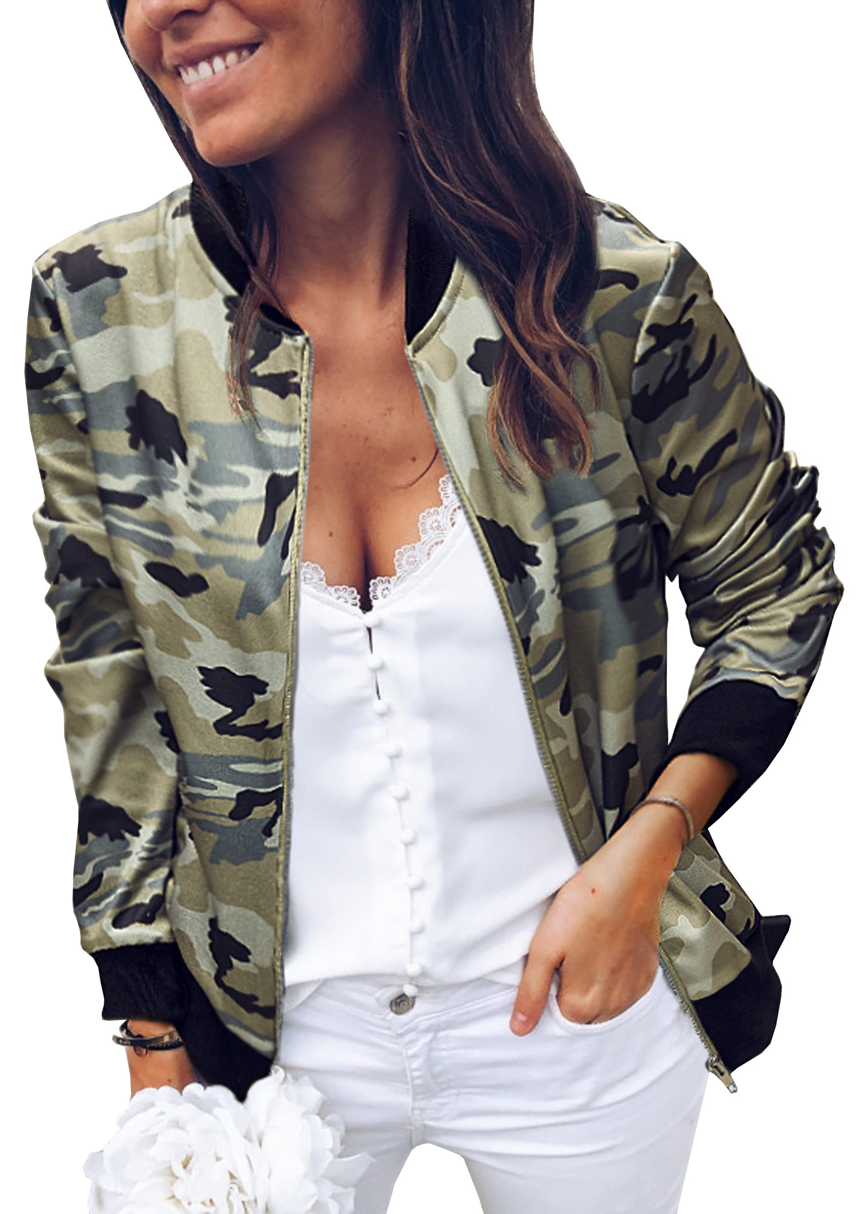 EcOWISH Womens Jackets Lightweight Zip Up casual Inspired Bomber Jacket camouflage coat Stand collar Short Outwear Tops 333 Army