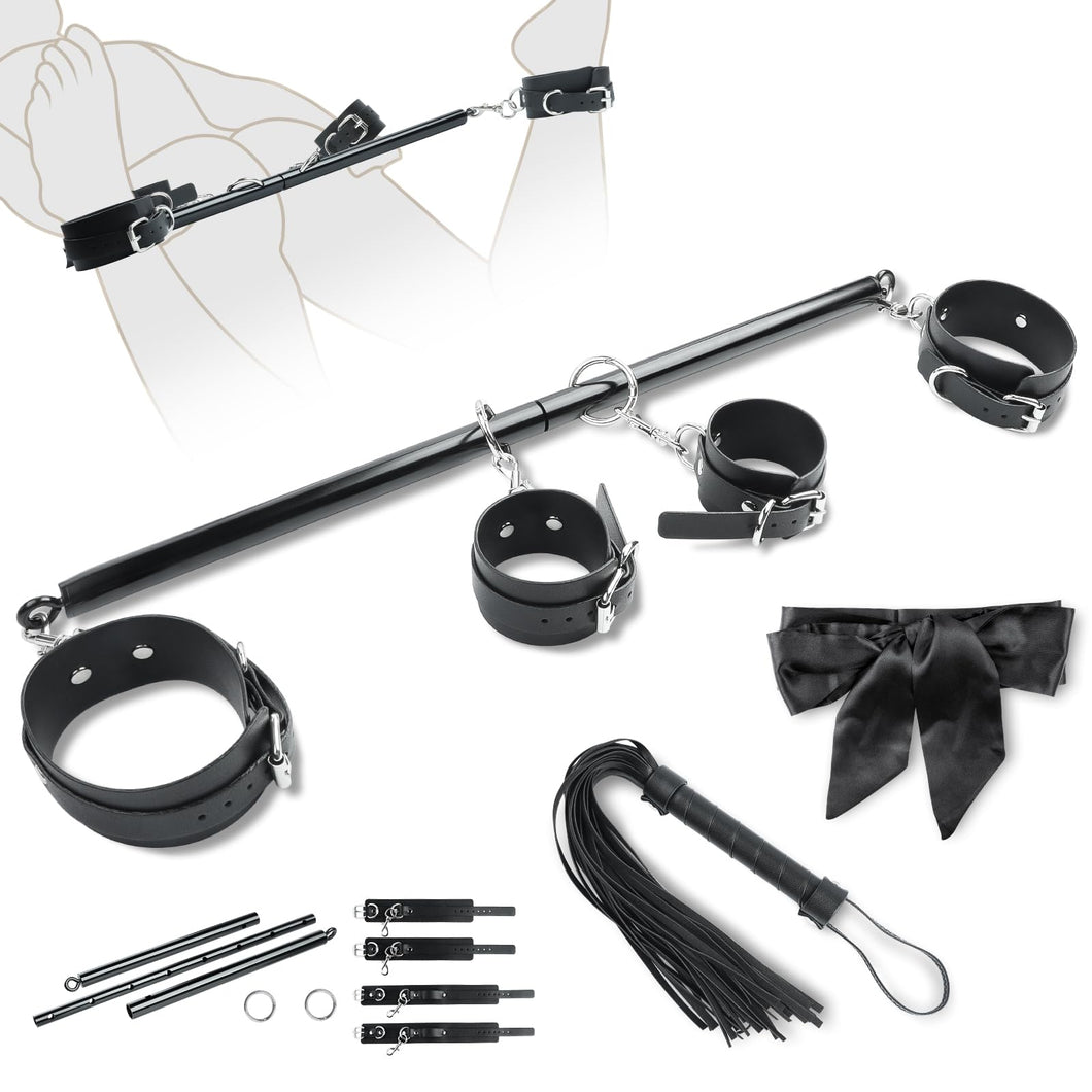 Spreader Bar Bondage Restraints BDSM Kit Couples Sex Toys, Adult Sex Toy with 4 Adjustable Cuffs, Whip & Blindfold, Bondage Gear