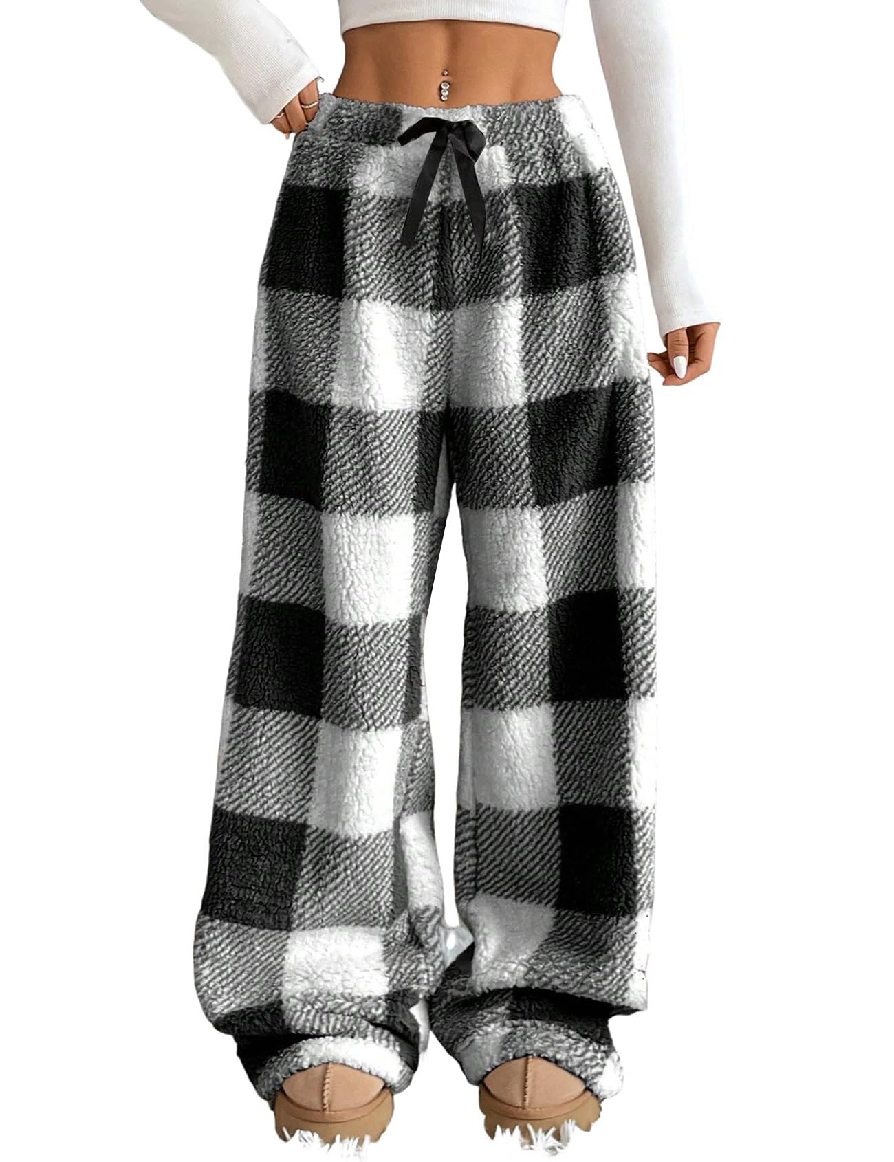 Wyeysyt Women Fuzzy Pajama Pants Plush Elastic Waist Wide Leg Leopard Pant Pj Bottoms Lounge Pants(Plaid-S)