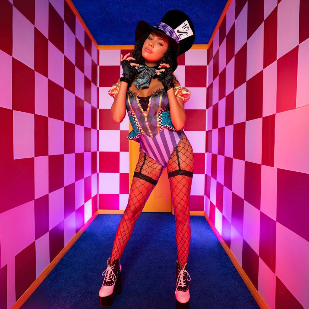 3 Pc Mischievous Mad Hatter, Includes Garter Bodysuit With Strappy Deep-V And Puff Sleeves, Bow Collar, And Mad Hatter Hat.
