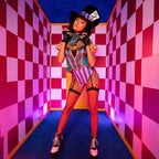 3 Pc Mischievous Mad Hatter, Includes Garter Bodysuit With Strappy Deep-V And Puff Sleeves, Bow Collar, And Mad Hatter Hat.
