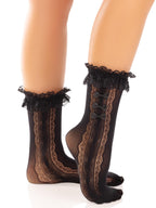 Lace ruffle nylon anklet with mini bow and heart accents.