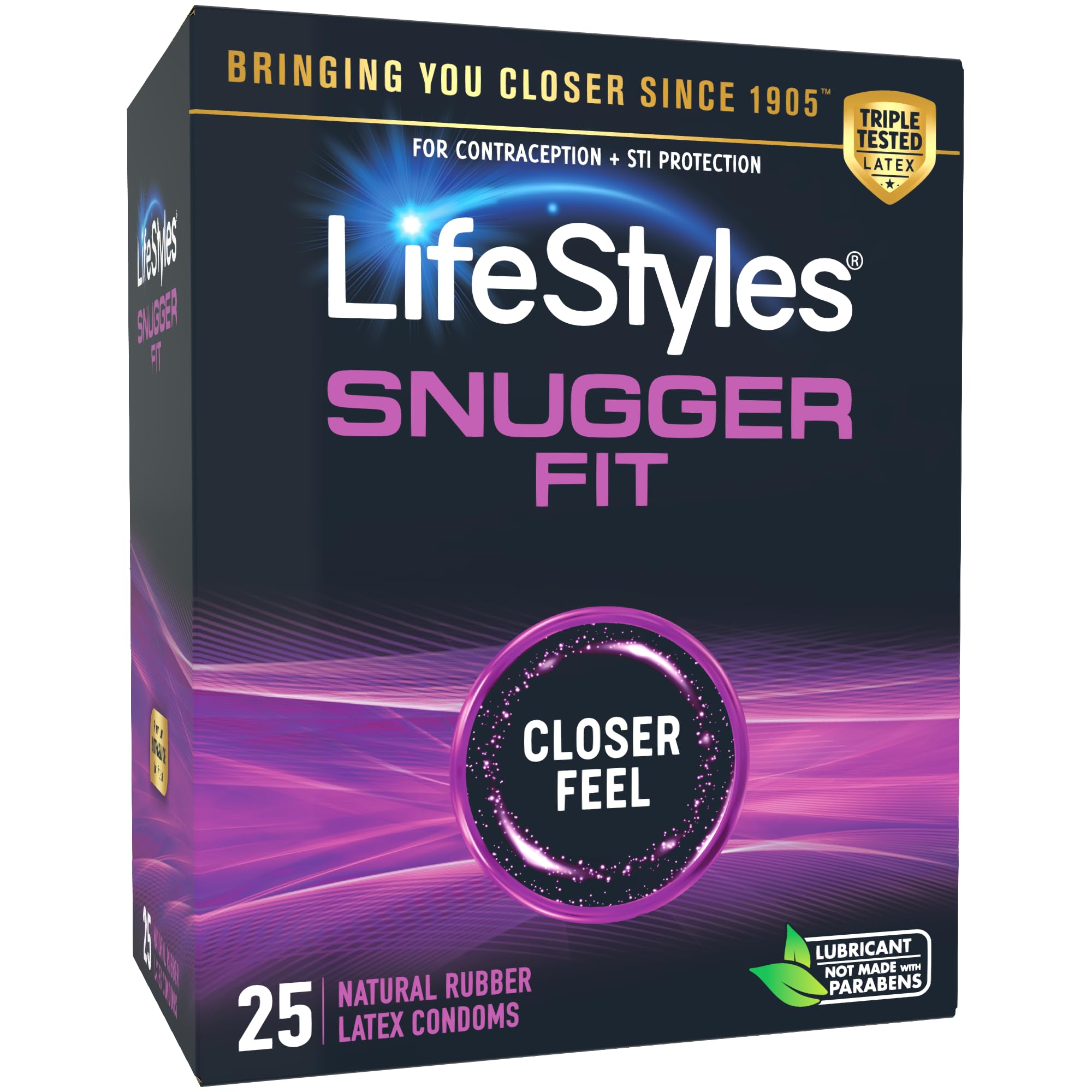Lifestyles Snugger Fit Natural Rubber and Lubricated Latex Condoms Value Pack, 25 Count, 1 Pack, Triple Tested for Best Protecti