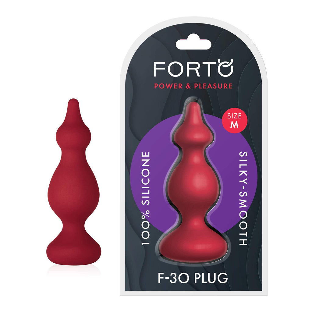 Forto Silicone F-30 Rippled Butt Plug - Anal Plug Training Silicone Anal Beads Plug Kit For Comfortable Long-Term Wear Prostate Massager Sex Toy With Narrow Flared Base & Long Neck For Men And Women (Red - Silicone Medium)