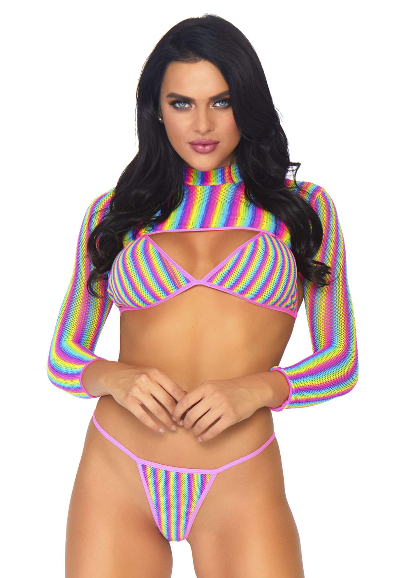 Leg Avenue 3 PC Rainbow fishnet bikini to Multicolor Color