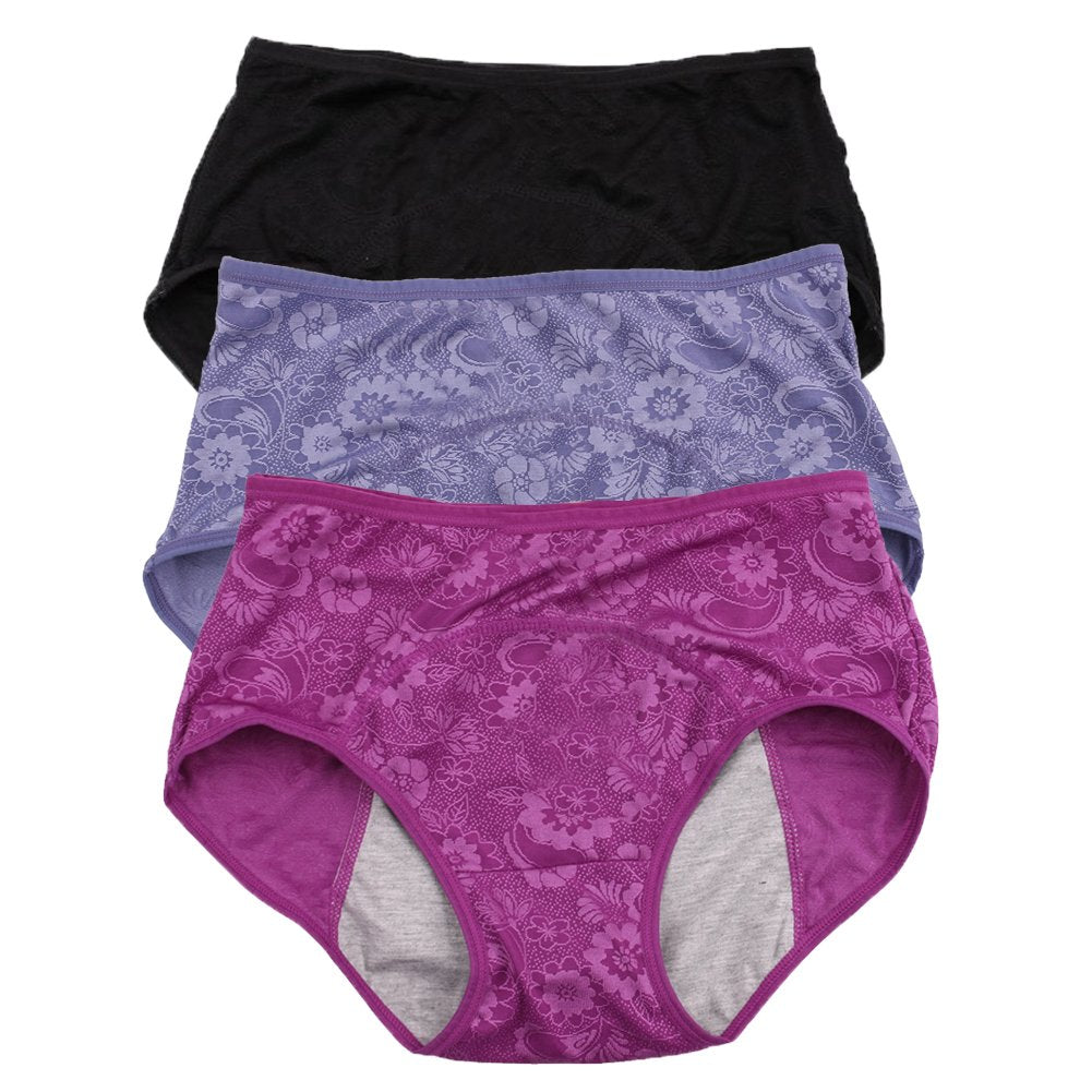 YOYI FASHION Women Menstrual Period Briefs Jacquard Easy Clean Panties 3 Pack US Size S/5 Black Blue Purple