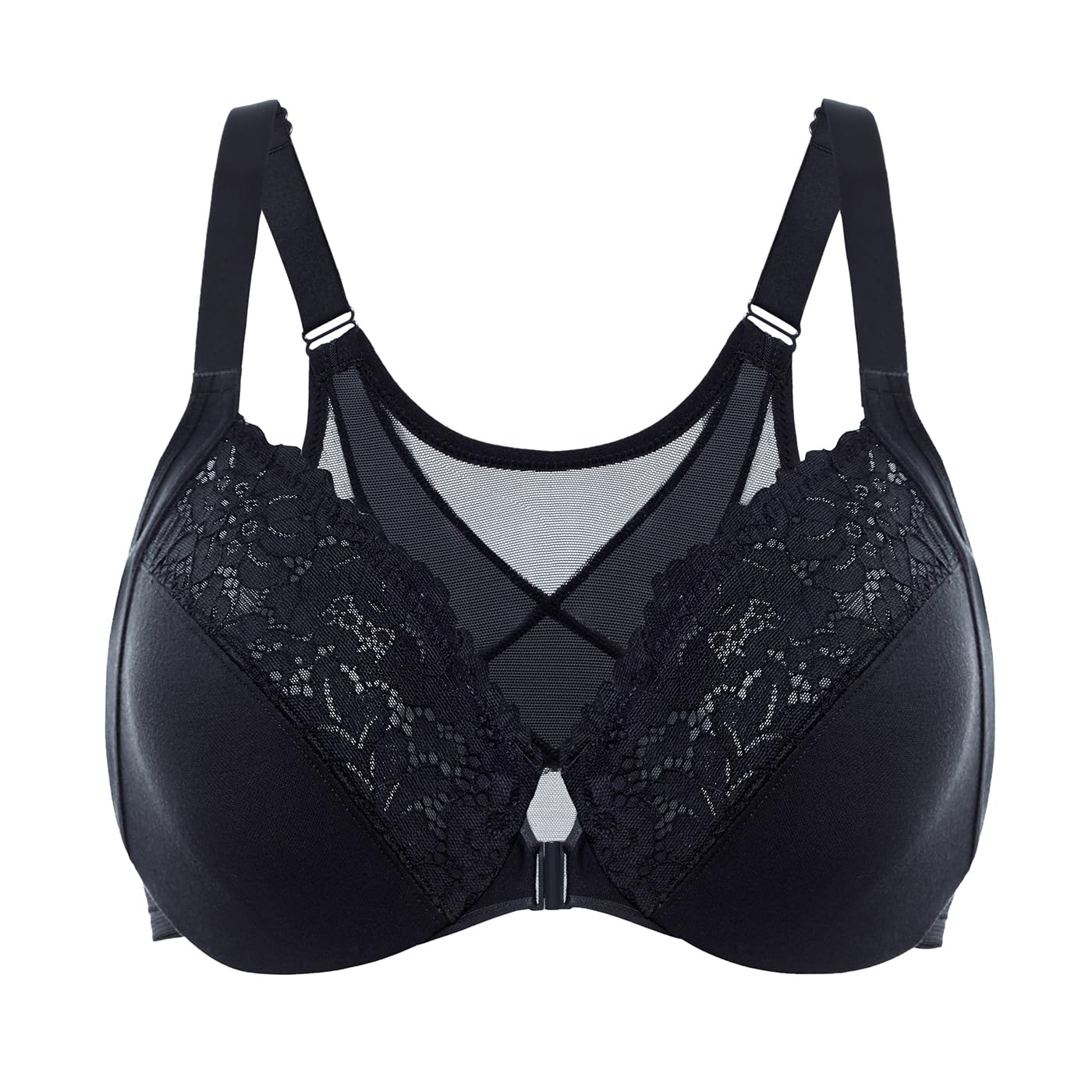 DELIMIRA Womens Front Closure Bras Posture Full Coverage Plus Size Lace Underwire Unlined Bra Black 44C