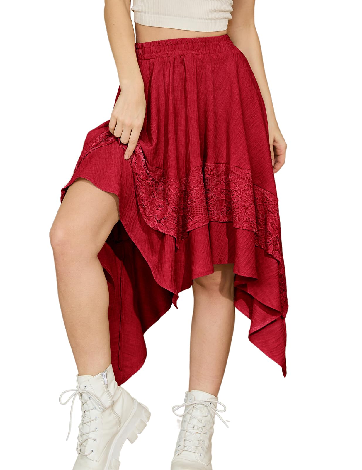 Bridesmay Renaissance Skirt High Low Flowy Swing Summer Fairy Skirts for Women Long Gothic Costume Burgundy XXL