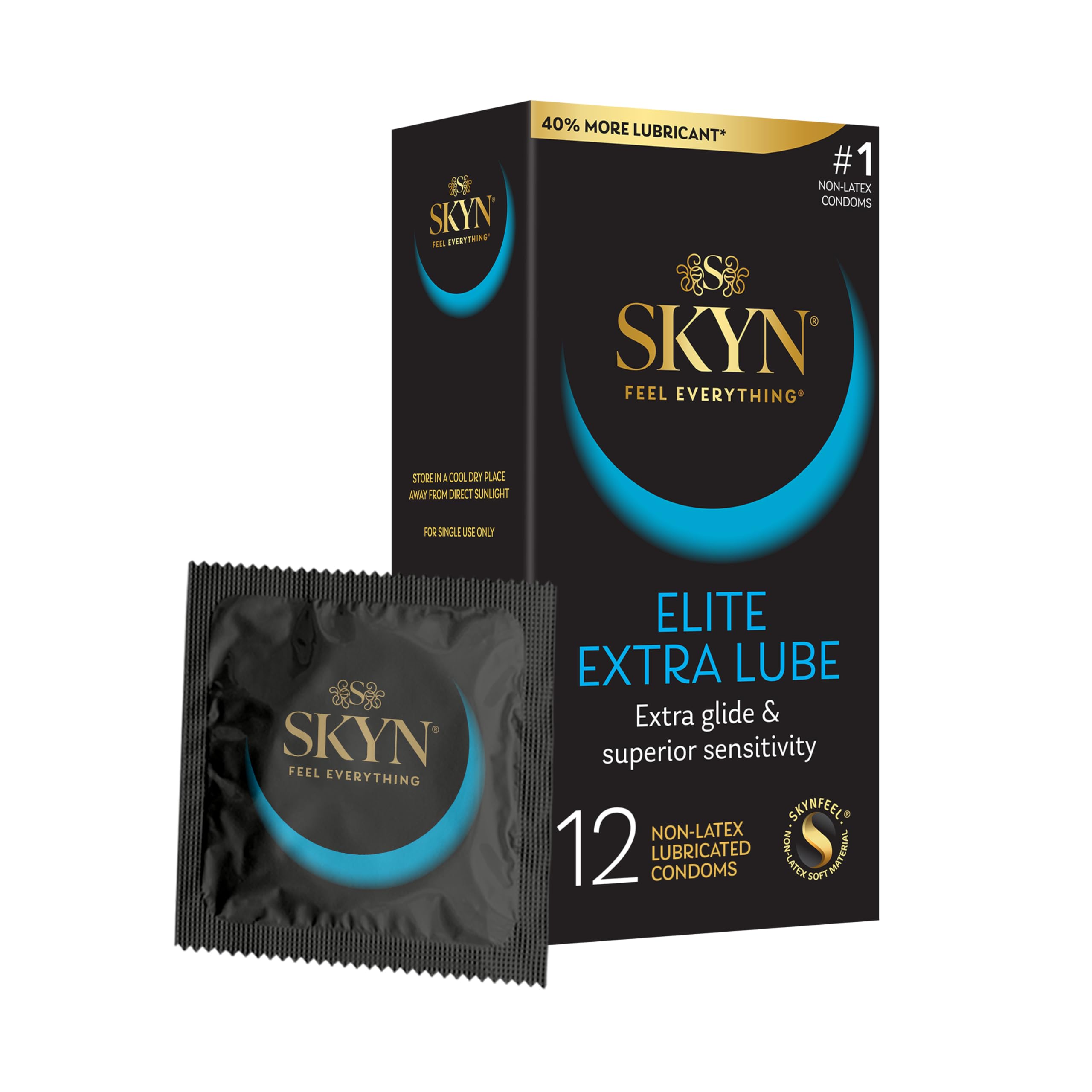 SKYN Elite Extra Lube, Ultra-Thin, Lubricated Latex-Free Condoms, Ultra-Silky Lubrication for Maximum Comfort, 12 Count (Pack of