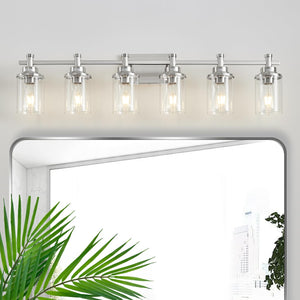 Aixialin 6-Light Bathroom Vanity Light, Brushed Nickel Bathroom Lights Fixtures Over Mirror, Vanity Lights Wall Mount With Clear