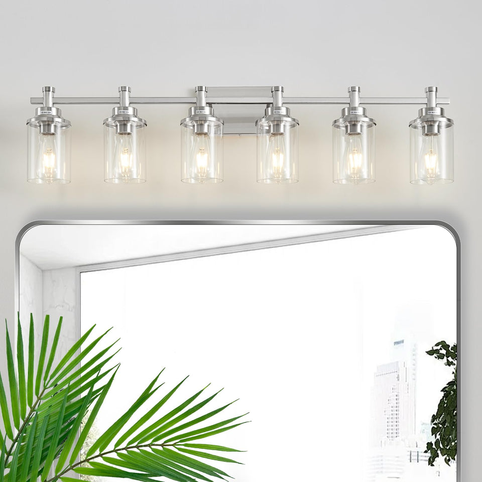 Aixialin 6-Light Bathroom Vanity Light, Brushed Nickel Bathroom Lights Fixtures Over Mirror, Vanity Lights Wall Mount With Clear