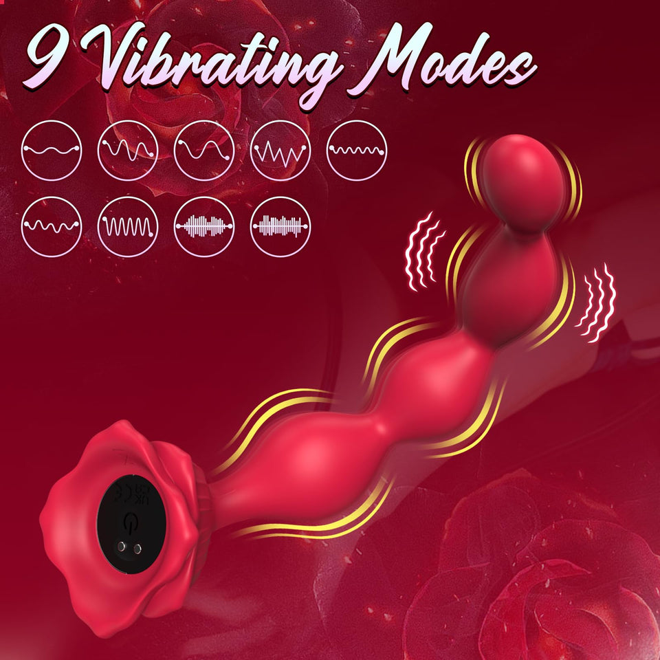 Rose Sex Toy Anal Beads,Vibrating Butt Plug with 9 Modes,Prostate Massager for Women & Men,Waterproof Silicone Rose Toy Sex Stim