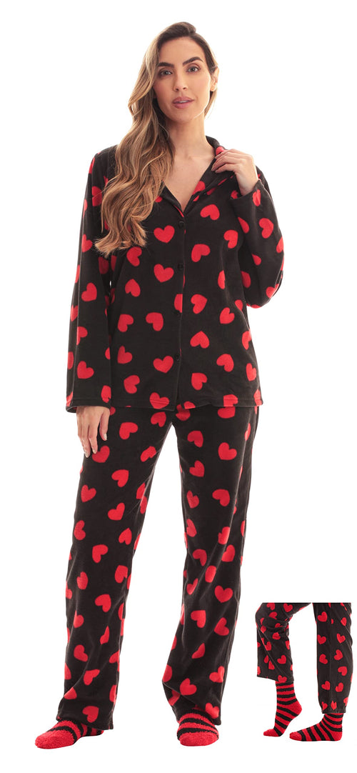 #followme Printed Microfleece Button Front PJ Pant Set with Socks 6370-10668-RB-3X, Black - Red Hearts