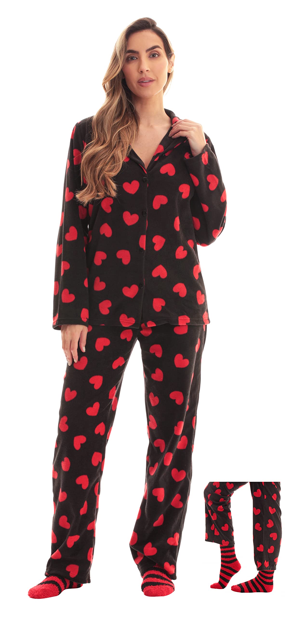 #followme Printed Microfleece Button Front PJ Pant Set with Socks 6370-10668-RB-S, Black - Red Hearts