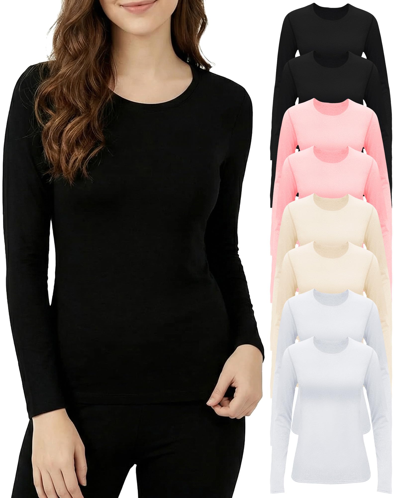 Jecery 8 Pcs Thermal Long Sleeve Shirts Bulk for Women Thermal Top Set Crew Neck Scrub Undershirt Base Layer Winter Underwear(La