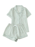 Verdusa Womens Plaid 2 Piece Cute Pajama Sets Short Sleeve Button Down Shirts with Shorts Loungewear Green Large