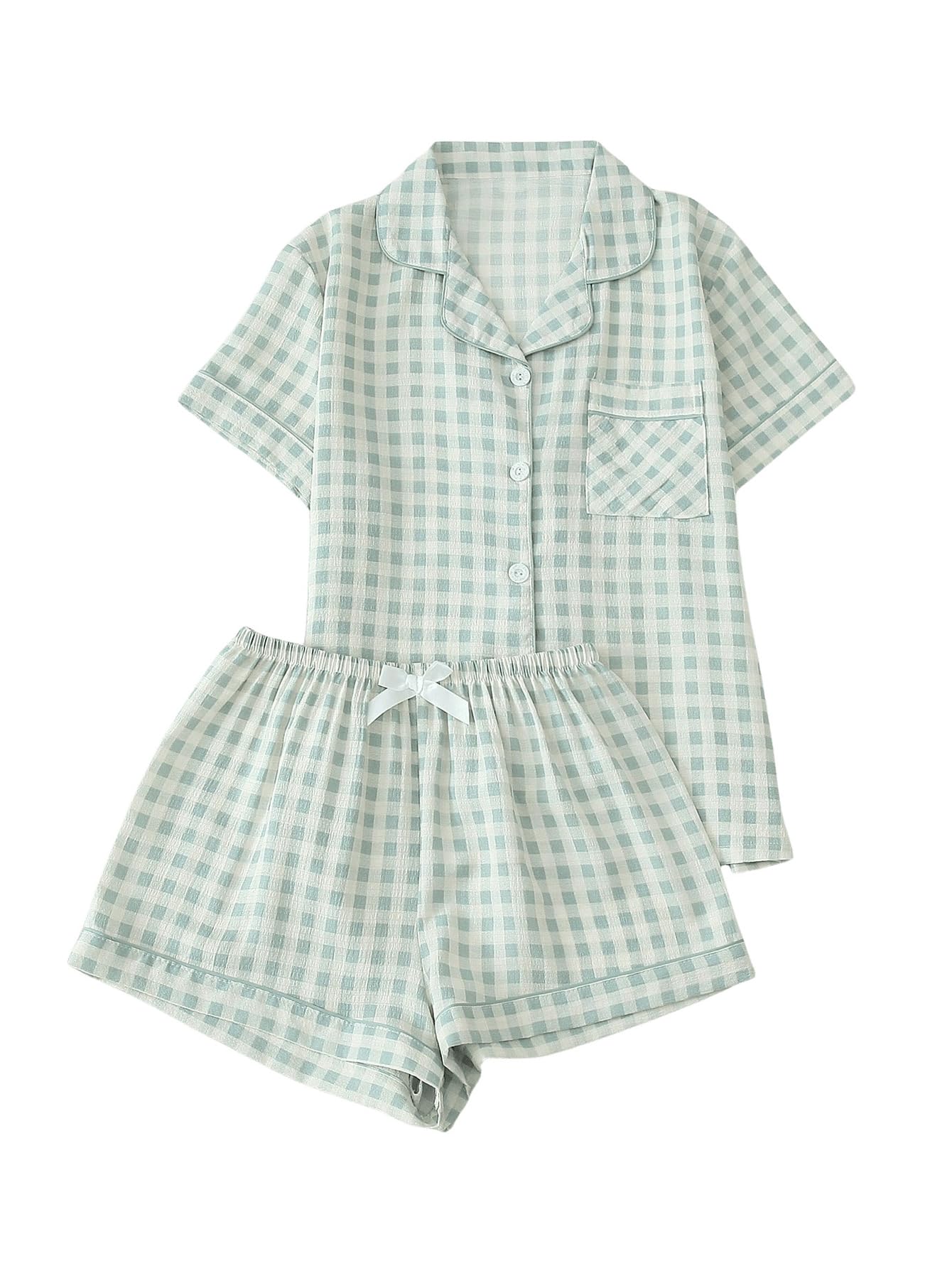 Verdusa Womens Plaid 2 Piece Cute Pajama Sets Short Sleeve Button Down Shirts with Shorts Loungewear Green Large