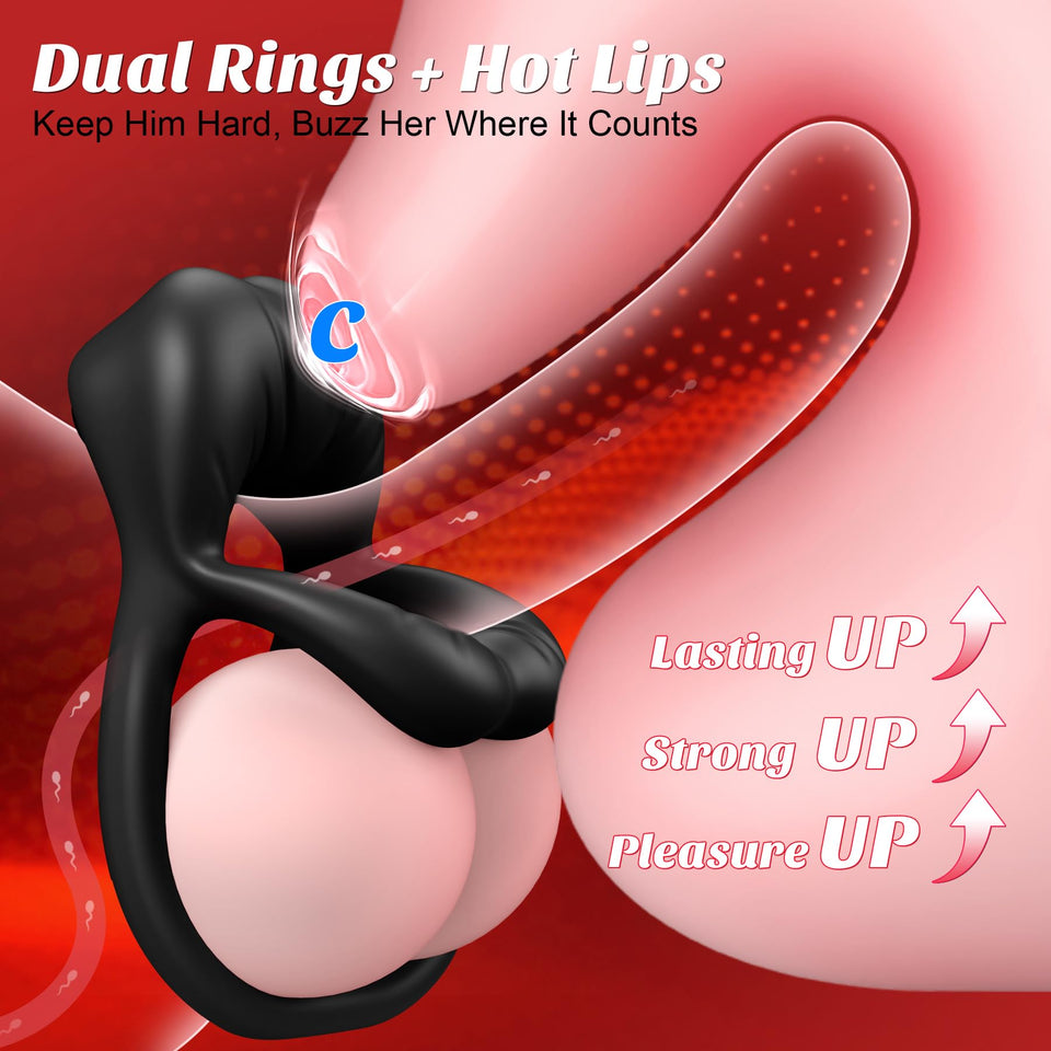 Vibrating Cock Ring with Sexy Lip Clitoris Stimulator, Stretchy Penis Ring Sex Toys for Men Erection Couples Kinky Pleasure Vibr