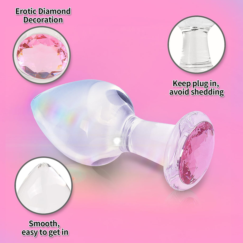 Crystal Glass Anal Plug with Luxury Jewelry Butt Plug Fetish Anus Stimulation Unisex Adult Anal Sex Toy (Pink, L)