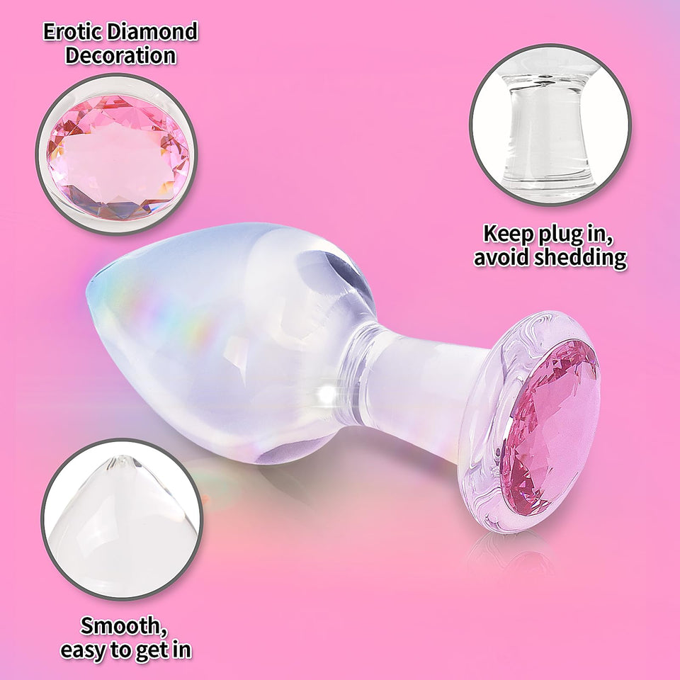 Crystal Glass Anal Plug with Luxury Jewelry Butt Plug Fetish Anus Stimulation Unisex Adult Anal Sex Toy (Pink, L)