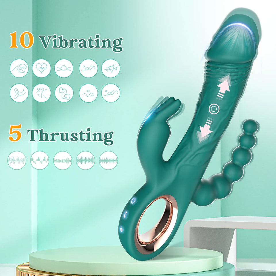 SN79Pro 3 in 1 Thrusting Dildo Rabbit Vibrators - Adult Sex Toys with 10 Vibrating & 5 Thrusting Modes for Women, Anal Bead Desi
