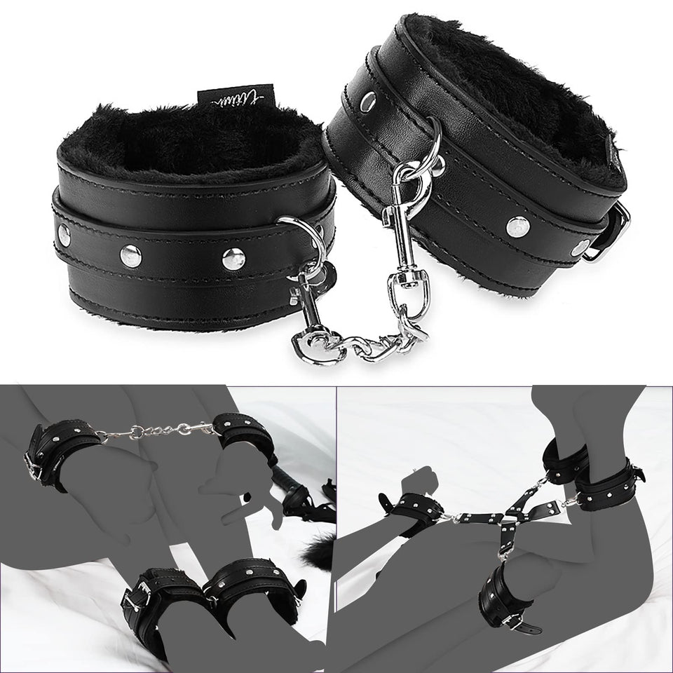 BDSM Bondage Restraints Sex Toys - Adjustable Soft Leather Handcuffs Ankle Cuffs Adult Toy, Furniture Restraint Kit for Men Wome