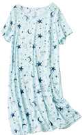 PNAEONG Womens Cotton Nightgown Sleepwear Short Sleeves Shirt Casual Print Sleepdress XTSY108-Blue Star-XL