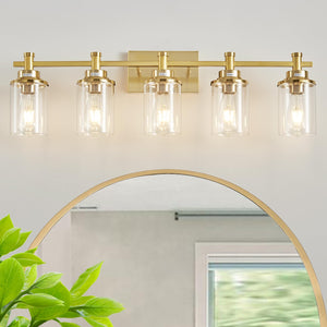 Aixialin 5-Light Modern Vanity Lights Over Mirror, Brushed Brass Bathroom Sconce With Clear Glass Shade