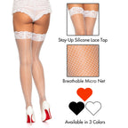 Spandex fishnet thigh highs with backseam and stay up silicone lace top.O/S WHITE