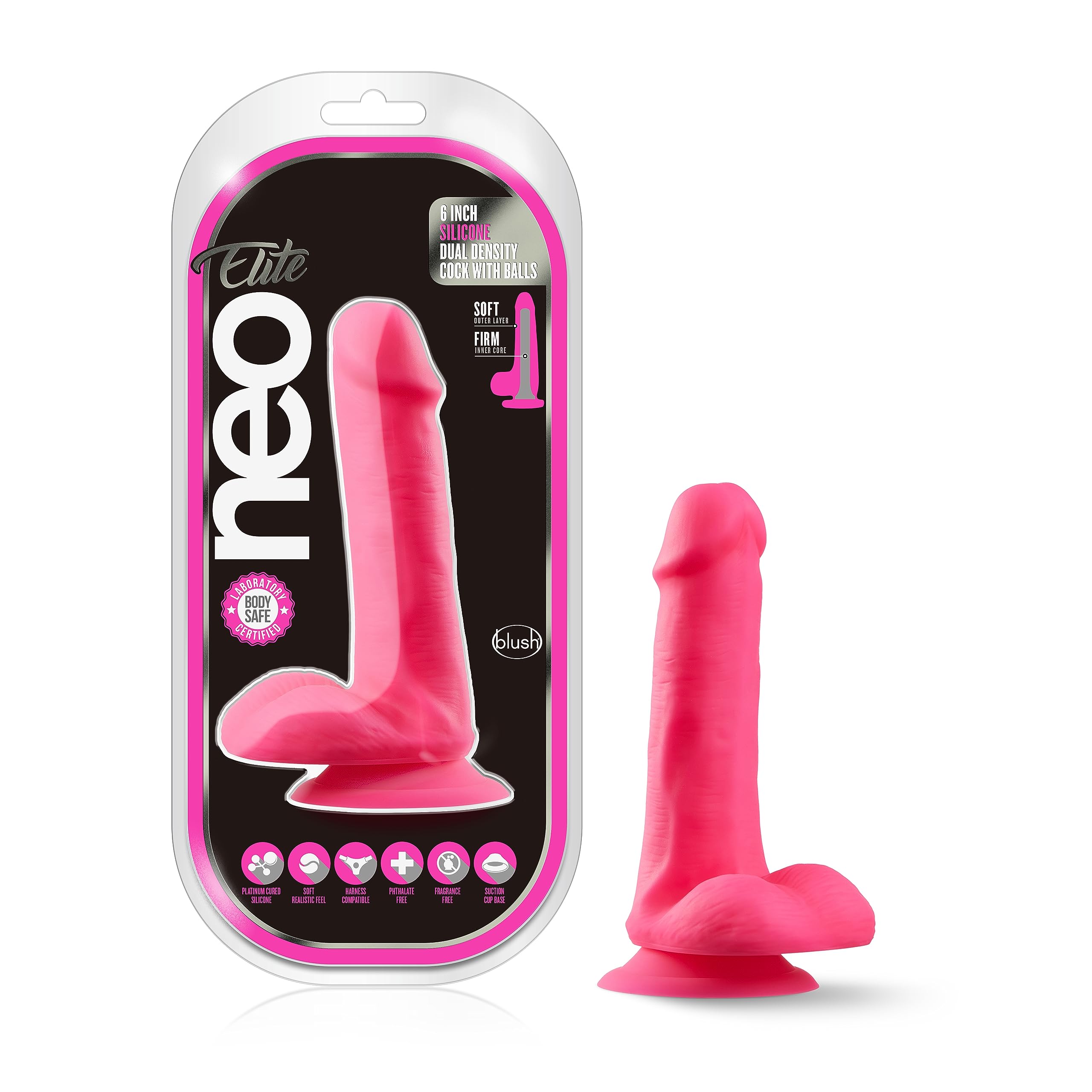 Blush Novelties Neo Elite Silicone Dual Density 6 Inch Dildo | Ultrasilk Silicone |Suction Cup Base & Harness Compatible for Han