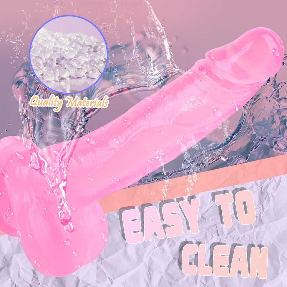 8.2 Inch Realistic G-spot Dildo, Pink Transparent Safety Material, Strap On Compatible Dildos, Lifelike Fake Penis with Strong S