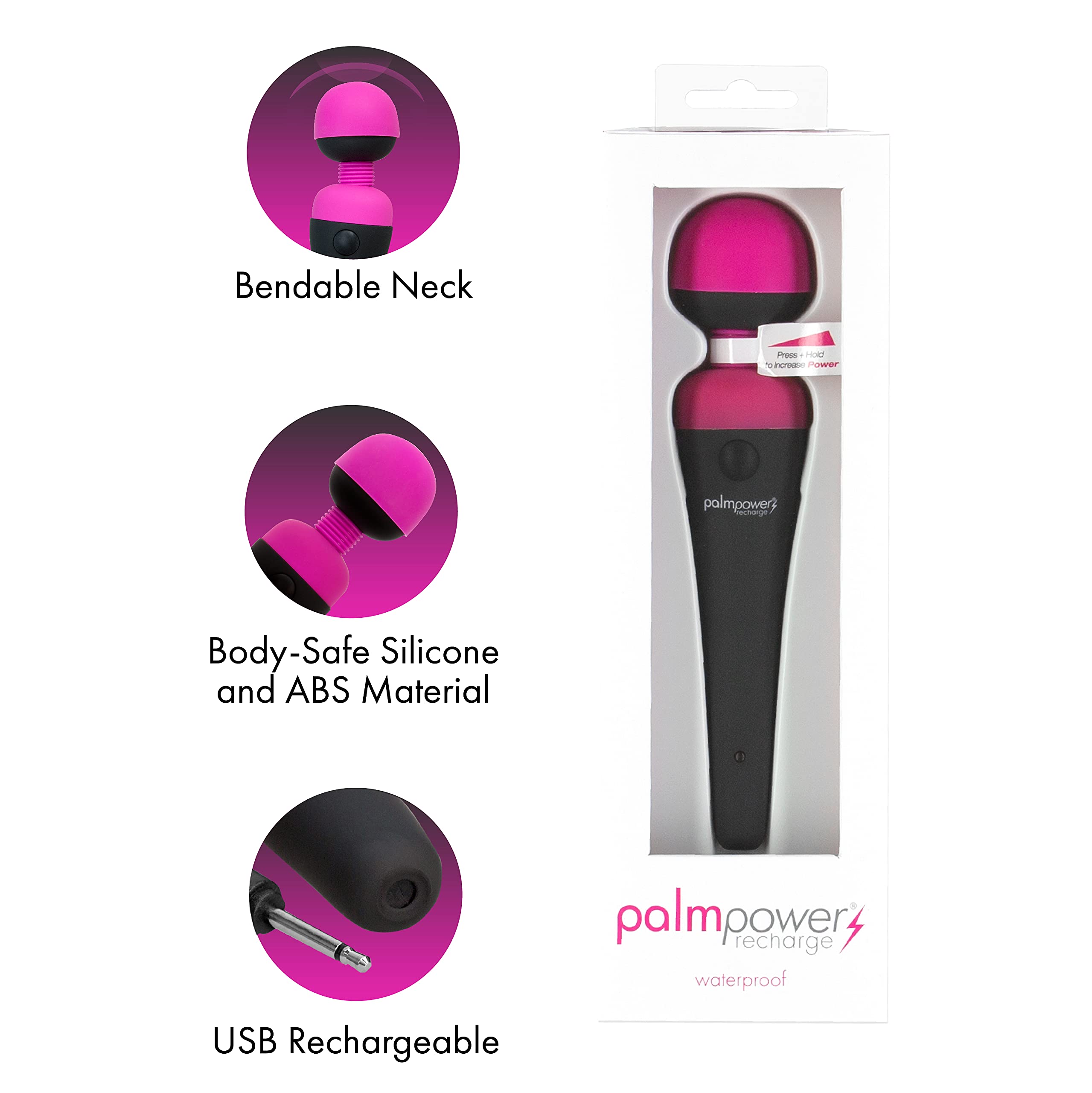 Palmpower Recharge Personal Massager, Powerful Long-Lasting Motor, Variable Function And Speed, Water Resistant, Made With 100% Silicone Head - Usb Charging Cord Included. (30628)