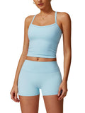 ABOCIW Workout Sets for Women 2 Piece Padded Sports Bra Tank High Waist Booty Gym Shorts Active Wear Yoga Outfits Sky Blue Mediu