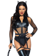 3 Pc Criminal Kitty, Includes Cut-Out Zip Up Bodysuit With Snap Crotch, Belt With Attached Garters, And Cat Ear Headband.