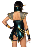 3 Pc Trickster Goddess, Includes Lame Snap Crotch Garter Bodysuit With Molded Shoulder And Stay Up Collar, Gauntlet Gloves, And