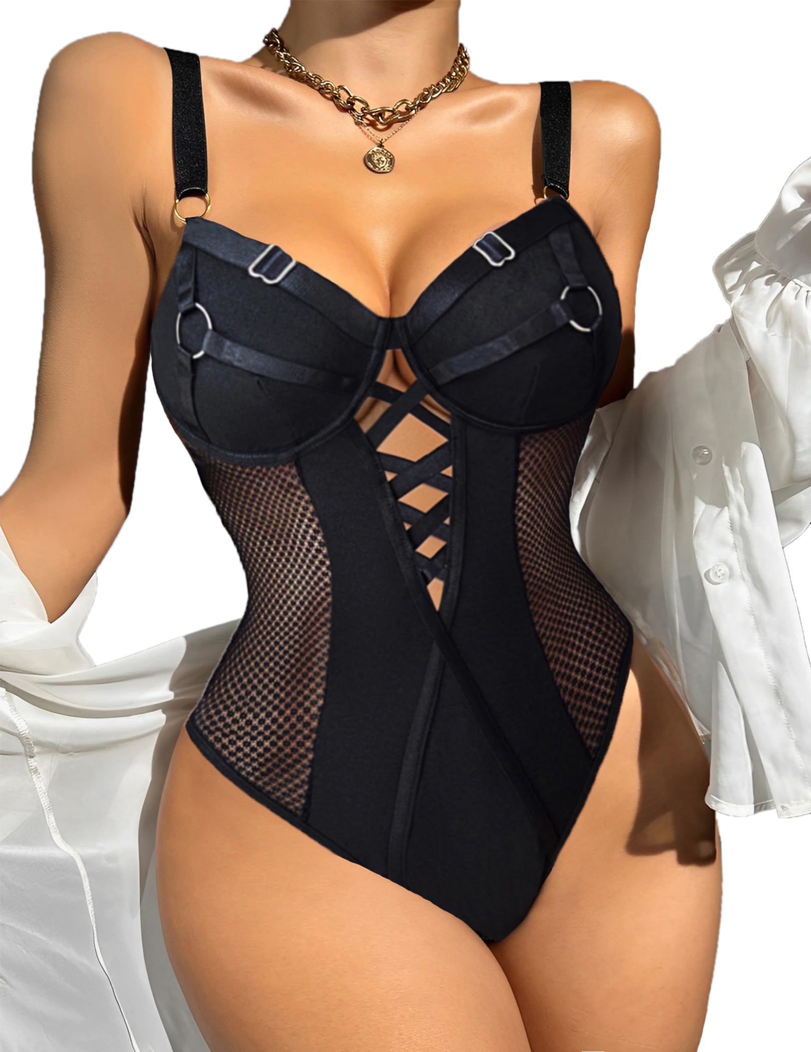 Avidlove Women Lace Teddy Lingerie Sexy Strappy Bodysuit Naughty One Piece Baby Doll (Black, X-Large)