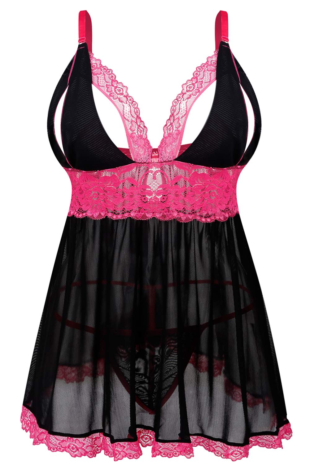 Donnalla Women Plus Size Lingerie - Sexy Split Cup Lace Babydoll Sleepwear Chemise Set 2XL,3XL,4XL Black