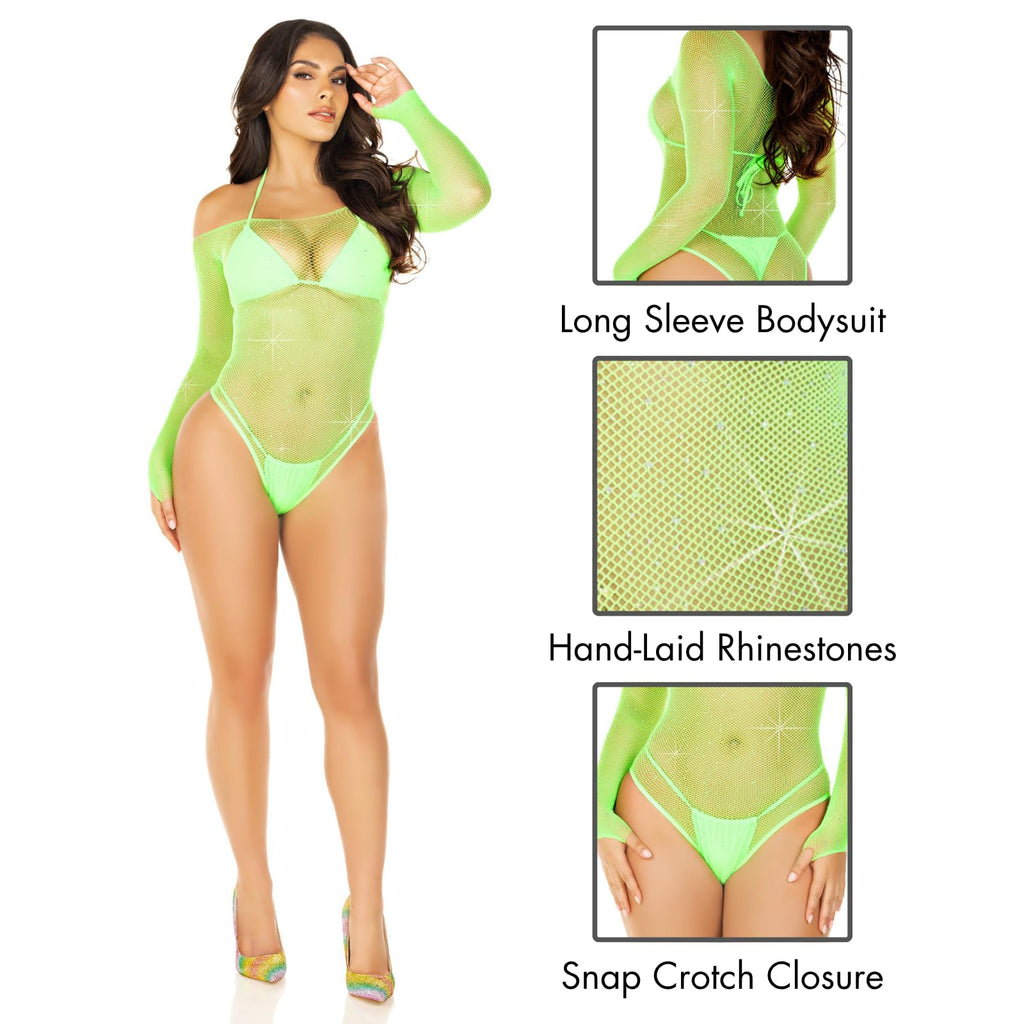 Crystalized long sleeved fishnet thong back bodysuit with snap crotch.