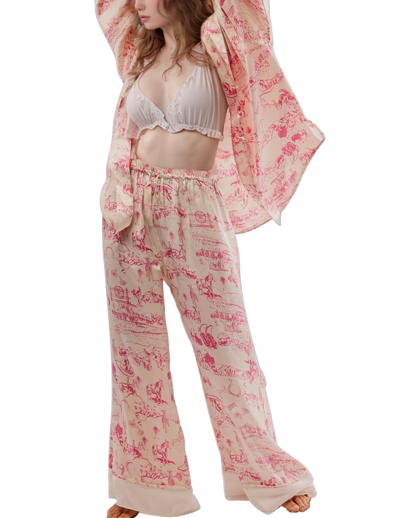 Arssm Satin Pajama Set for Women Silk Pajamas Set 2 Piece Floral Pj Set Long Sleeve Button Down Pjs Sleepwear(Apricot-S)