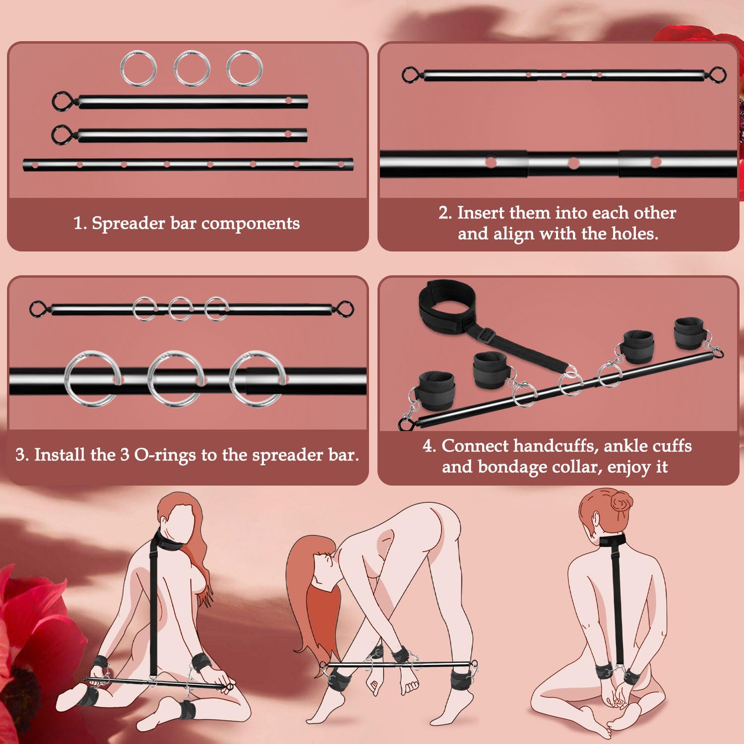 BDSM Toys Sex Restraints - Versatile Neck to Wrist BDSM Kit with Spreader Bar Couples Sex Toys, Adjustable Handcuffs Ankle Cuffs