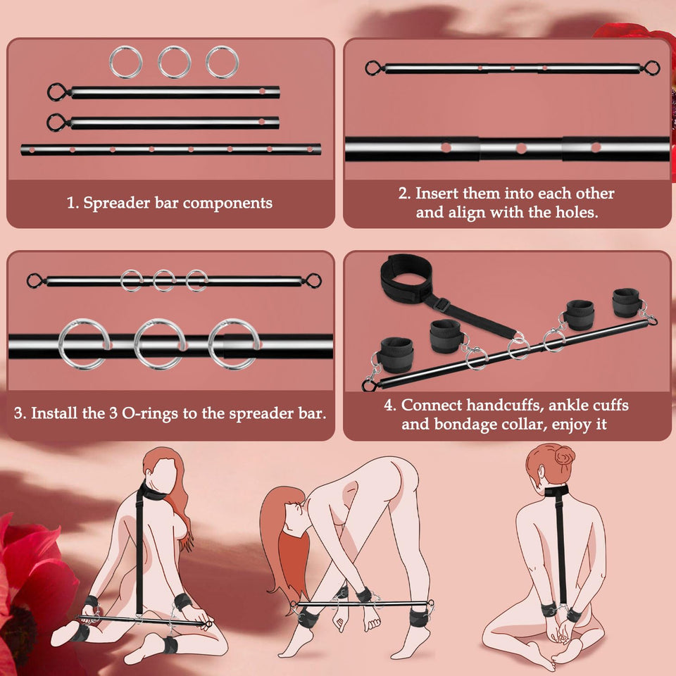BDSM Toys Sex Restraints - Versatile Neck to Wrist BDSM Kit with Spreader Bar Couples Sex Toys, Adjustable Handcuffs Ankle Cuffs