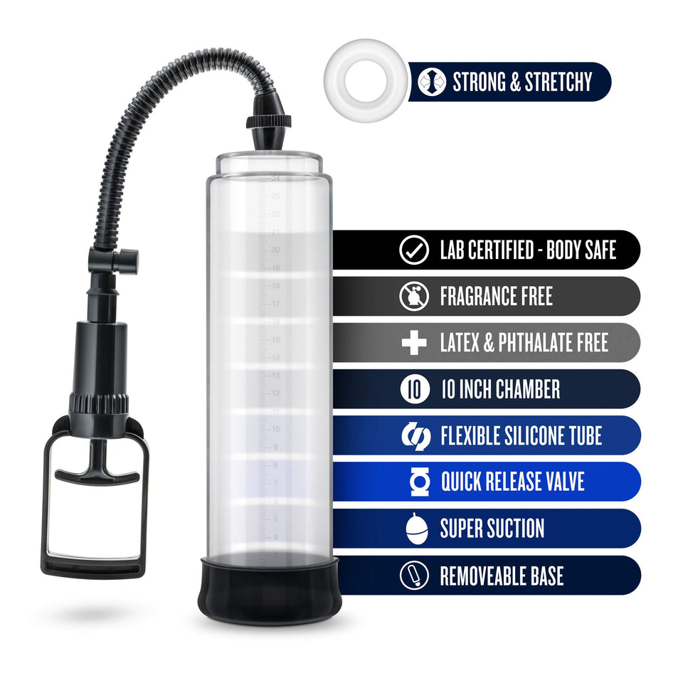 Blush Performance Vx4 - All Natural Male Enhancing Penis Enlargement And Vibrating Masturbation Pump - 2 Ultra Soft Pump Sleeves, Cock Ring For Max Pleasure - 8.5&quot; High Impact Polycarbonate Cylinder