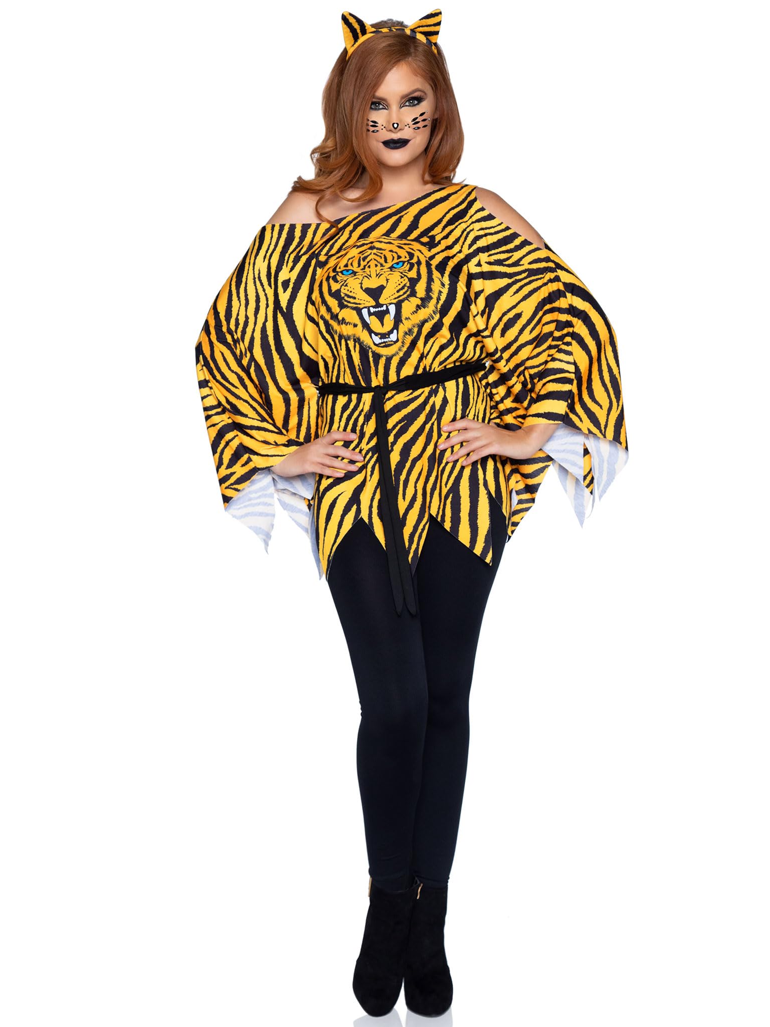 3 PC Tiger Poncho, includes tiger face poncho with cold shoulder sleeves, belt, and tiger ear headband.
