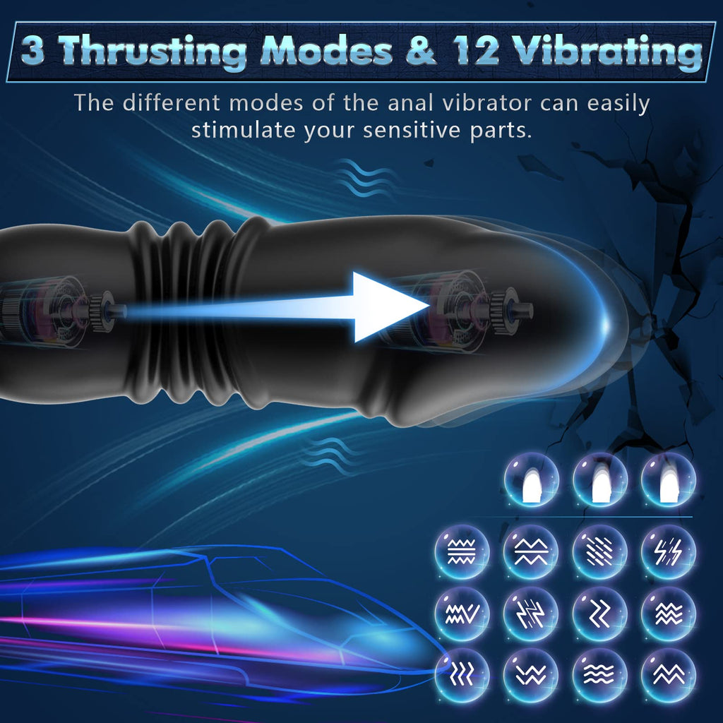 Thrusting Anal Vibrator Prostate Massager - Dual Cock Ring Anal Toy Butt Plug With 3 Thrust & 12 Vibration Modes, Remote Control
