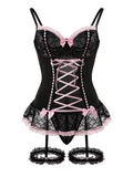 Foxiny Plus Size Curvy Sexy Mesh Corset Ruffle Lace Up Underwire Sheer Garter Belt Babydoll Lingerie Set With Thong 3 Piece Wome
