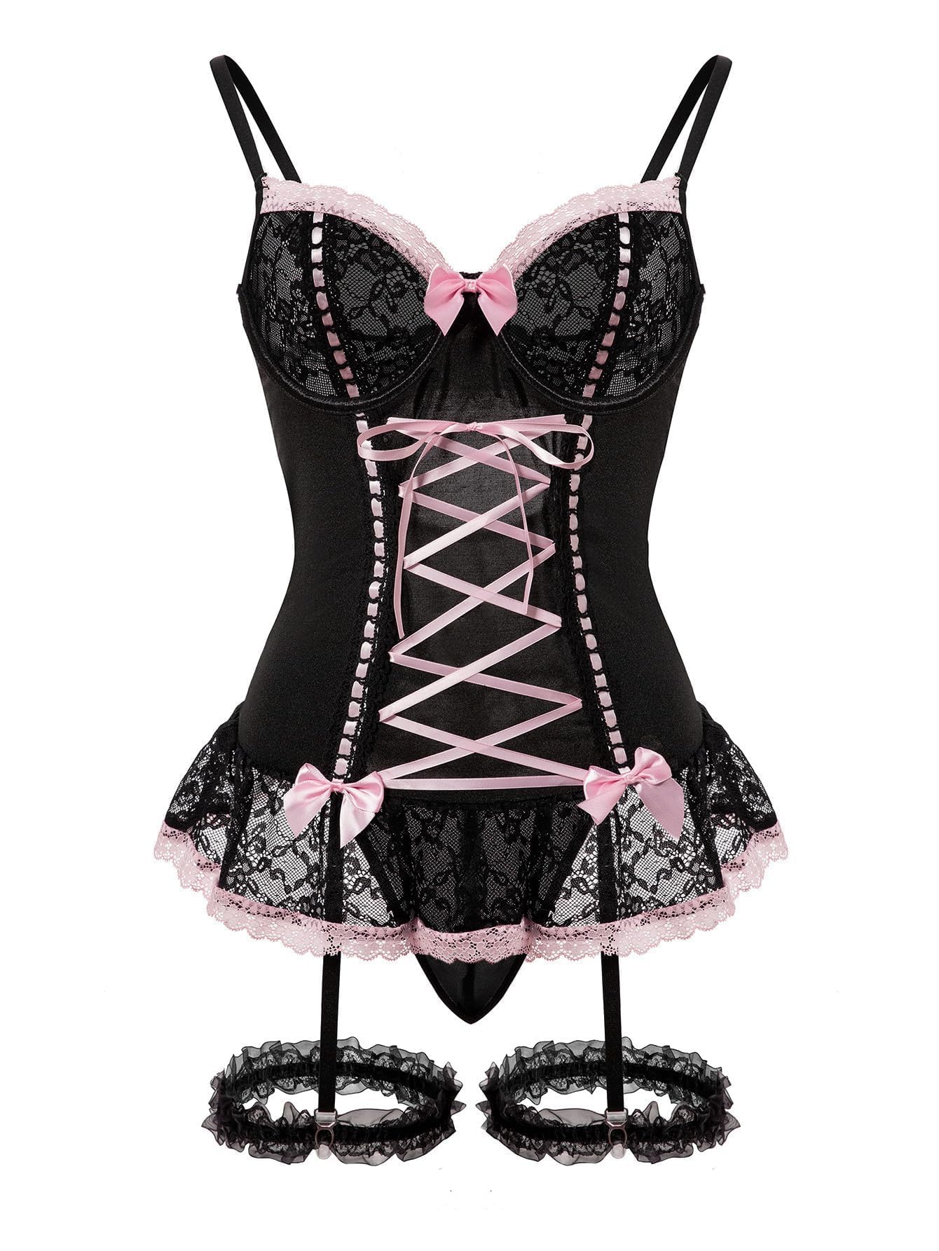 Foxiny Plus Size Curvy Sexy Mesh Corset Ruffle Lace Up Underwire Sheer Garter Belt Babydoll Lingerie Set With Thong 3 Piece Wome