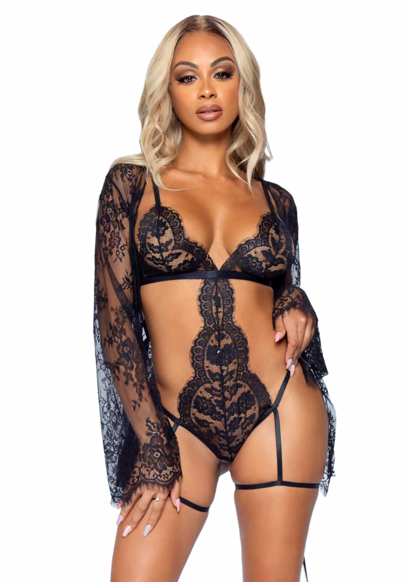 3 Pc Eyelash Lace Garter Teddy