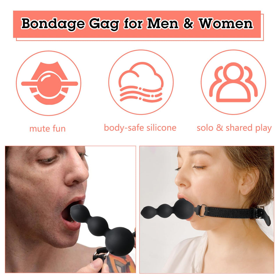 BDSM Ball Gag Sex Play, Bondage Gags & Muzzle with Beads, Silicone Mouth Gag with Removable Leather Straps, Sex Gag Face Dildo K
