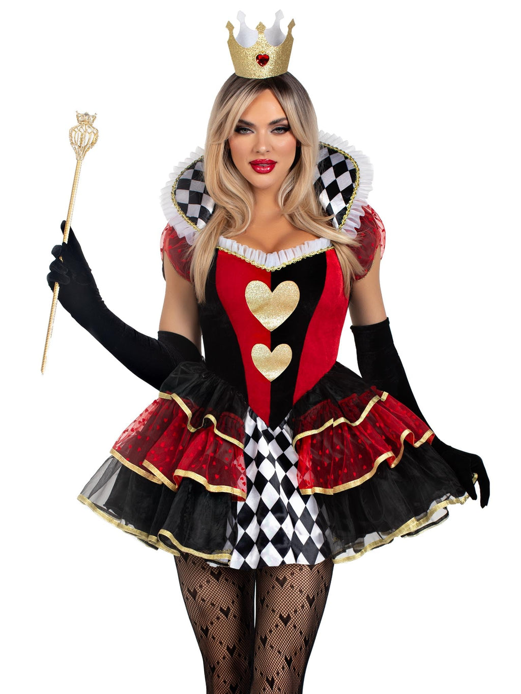 2 Pc Queen Of Hearts, Includes Tiered Dress With Stay Up Collar, Built-In Petticoat, And Crown.