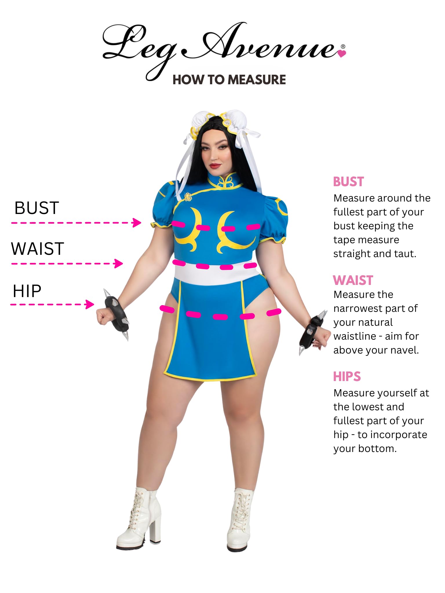3 Pc Chun-Li, Includes Bodysuit Dress With Signature Character Detail, Bun Covers With Ribbon Accents, And Spiked Wrist Cuffs.